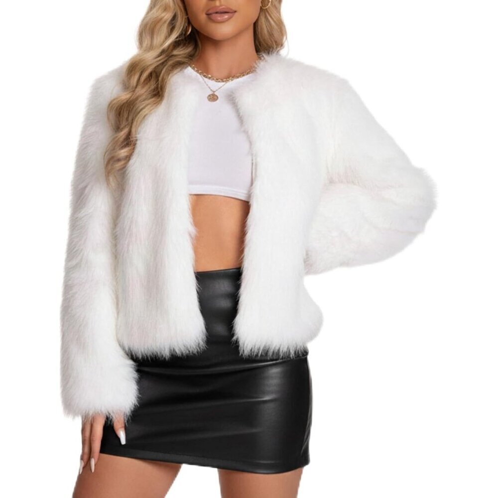 Women's Faux Fuzzy Jacket Fluffy Long Sleeve Winter Coat with Pockets White
